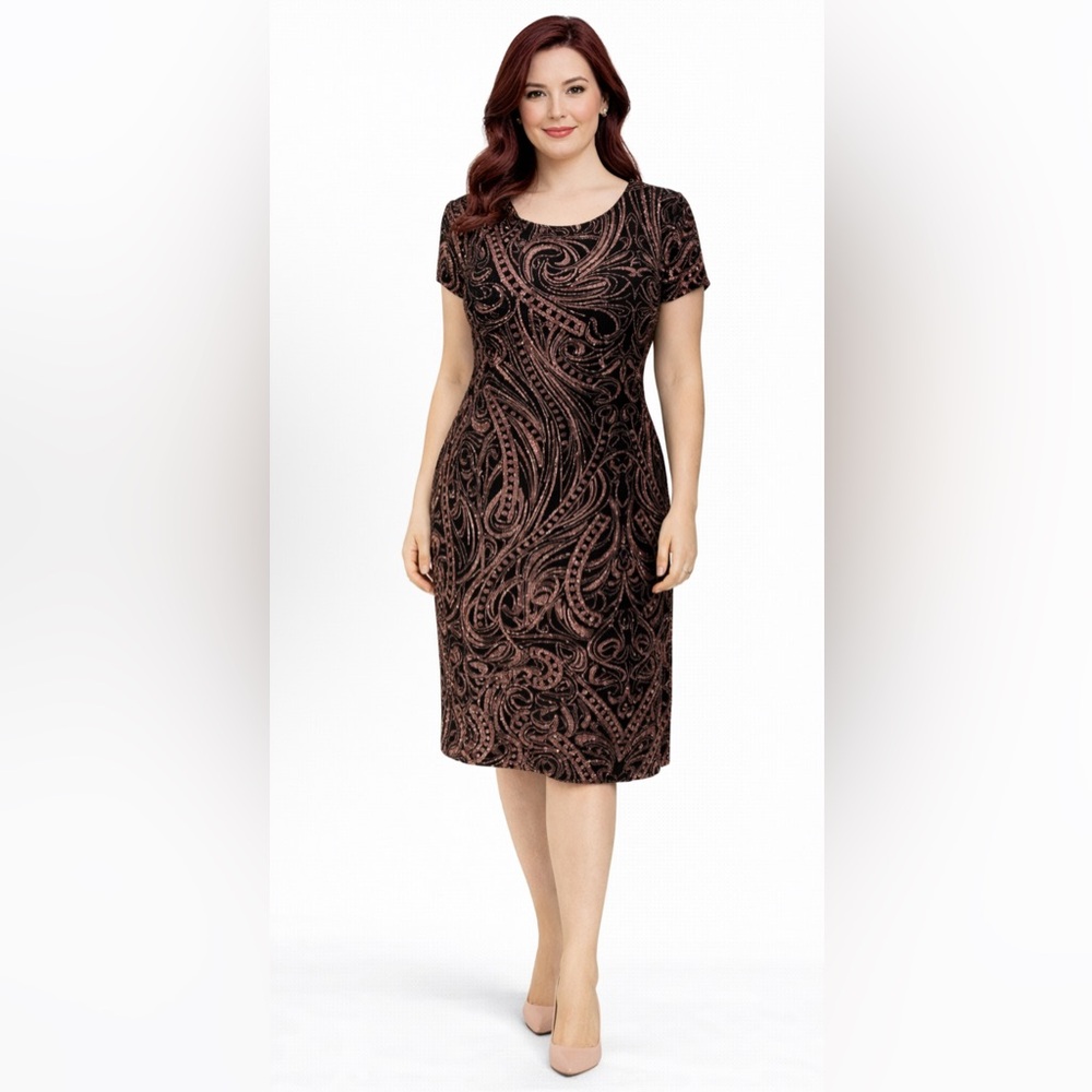 Marina Dress 14 Black Rose Gold Shimmer Wedding Party Cruise Short Sleeve NEW